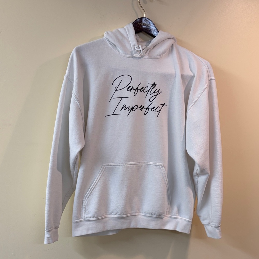 Gildan White Hoodie with 'Perfectly Imperfect' Print